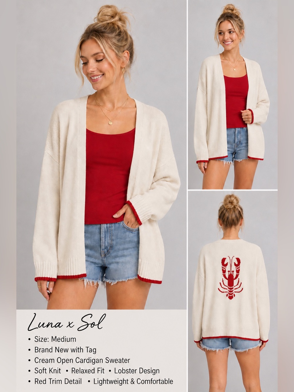Luna x Sol Cream Lobster Open Cardigan Sweater | Medium | Cotton Blend | NWT